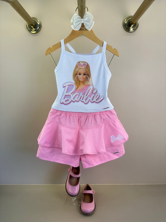 Conjunto Infantil Blusa Cropped Boneca Barbie Cristais e Shorts Sarja Babado Barbie Rosa - Pituchinhus