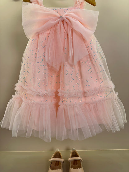 Vestido Infantil Tule Bordado Paêtes Laço Maxxi Rosa - Petit Cherie