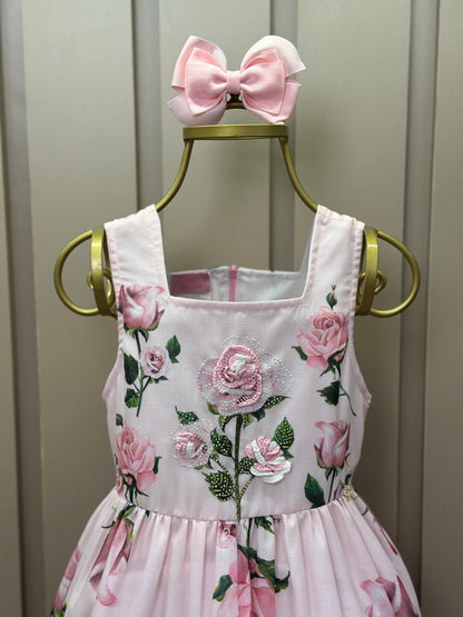 Vestido Infantil Algodão Rodado Floral Rosa Bordado Manual e Strass Rosa - Luluzinha
