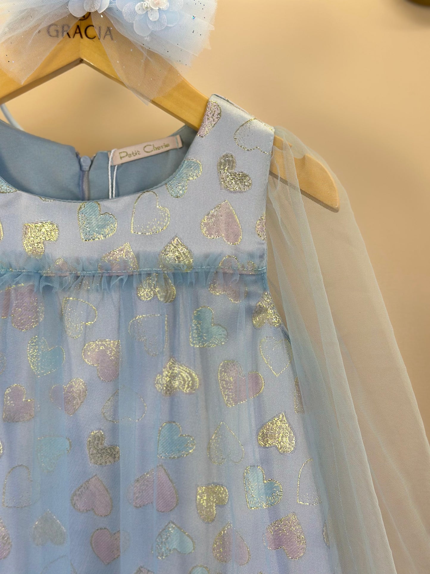Vestido Infantil Trapézio ML Tule Jacquard Corações Azul - Petit Cherie