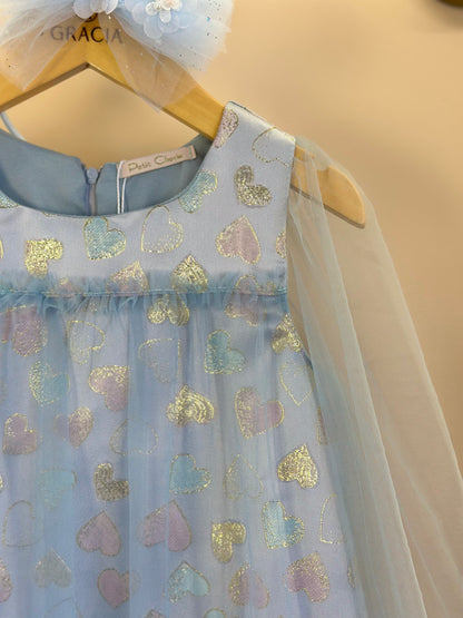 Vestido Infantil Trapézio ML Tule Jacquard Corações Azul - Petit Cherie