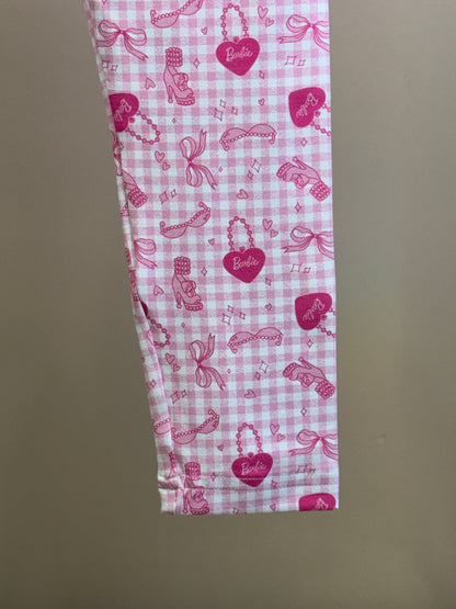 Conjunto Infantil Regata Barbie Cristais Off White e Calça Legging Barbie Rosa Xadrez - Pituchinhus
