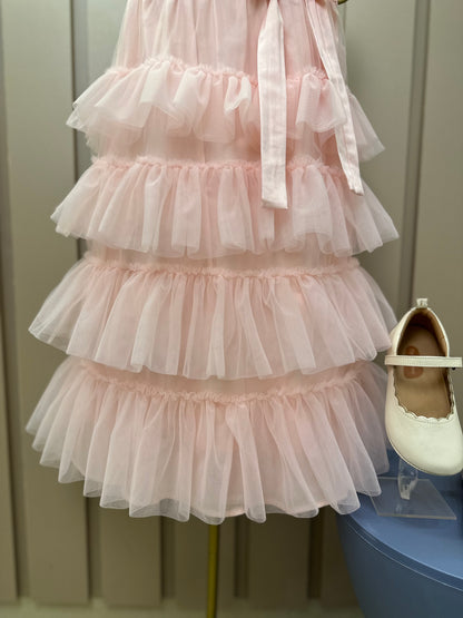 Vestido Infantil Tule Camadas Babados Laço Rosa Fada - Pituchinhus
