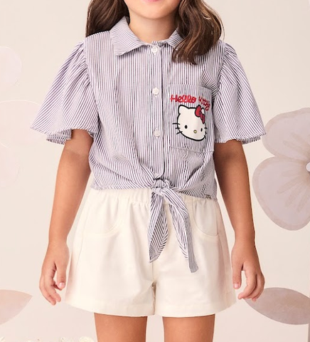 Conjunto Infantil  Camisa Listrada Hello Kitty e Short Sarja Hello Kitty - Momi