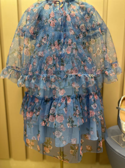 Vestido Infantil Midi Tule Floral Azul Babados - Luluzinha