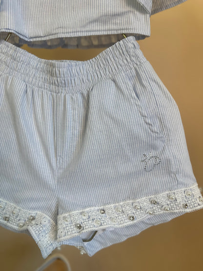 Conjunto Infantil Blusa e Shorts Algodão Listrado Renda Bordada - Pituchinhus