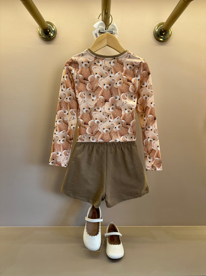 Conjunto Infantil Trio Blusa Ursinhos, Colete Sarja com Elastano e Shorts em Moletom s/ Pelúcia - Infanti