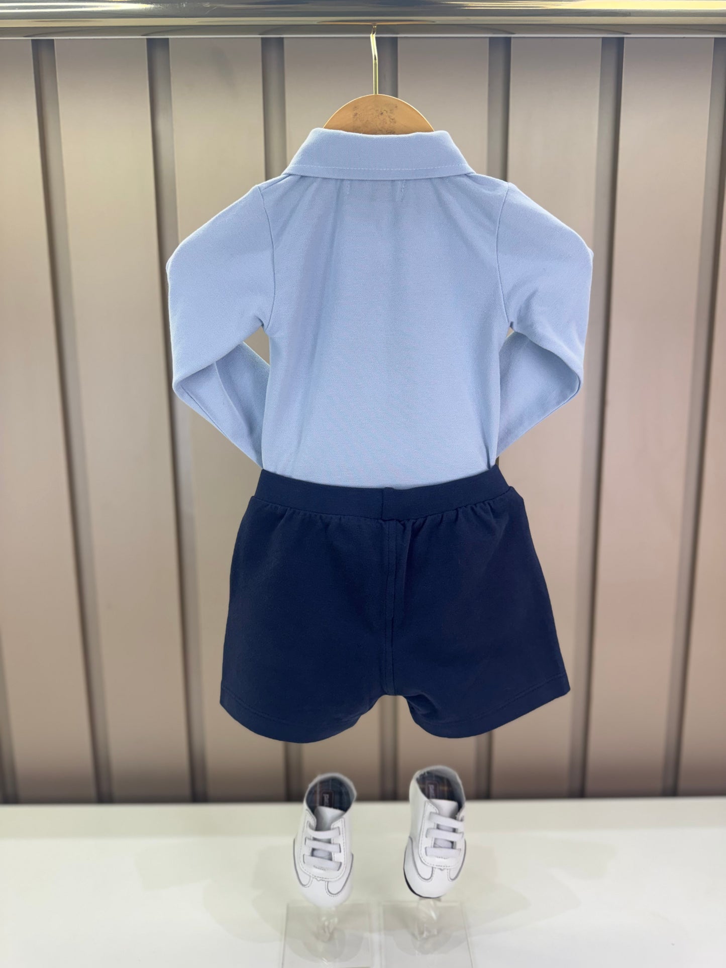 Conjunto Bebê Polo-Body Piquet Algodão ML Azul e Bermuda Moletom Algodão Profundo - Dame
