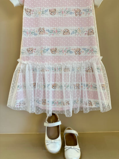 Vestido Infantil Trapézio Tule Poá Ursinha Bordado Lacinho Rosa - Petit Cherie