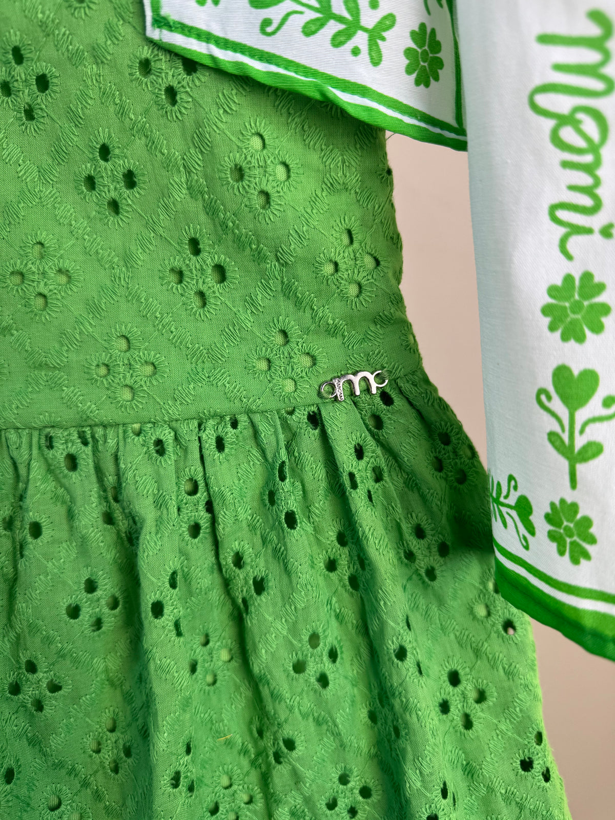 Vestido Infantil Laise Bordado Flores Verde - Momi