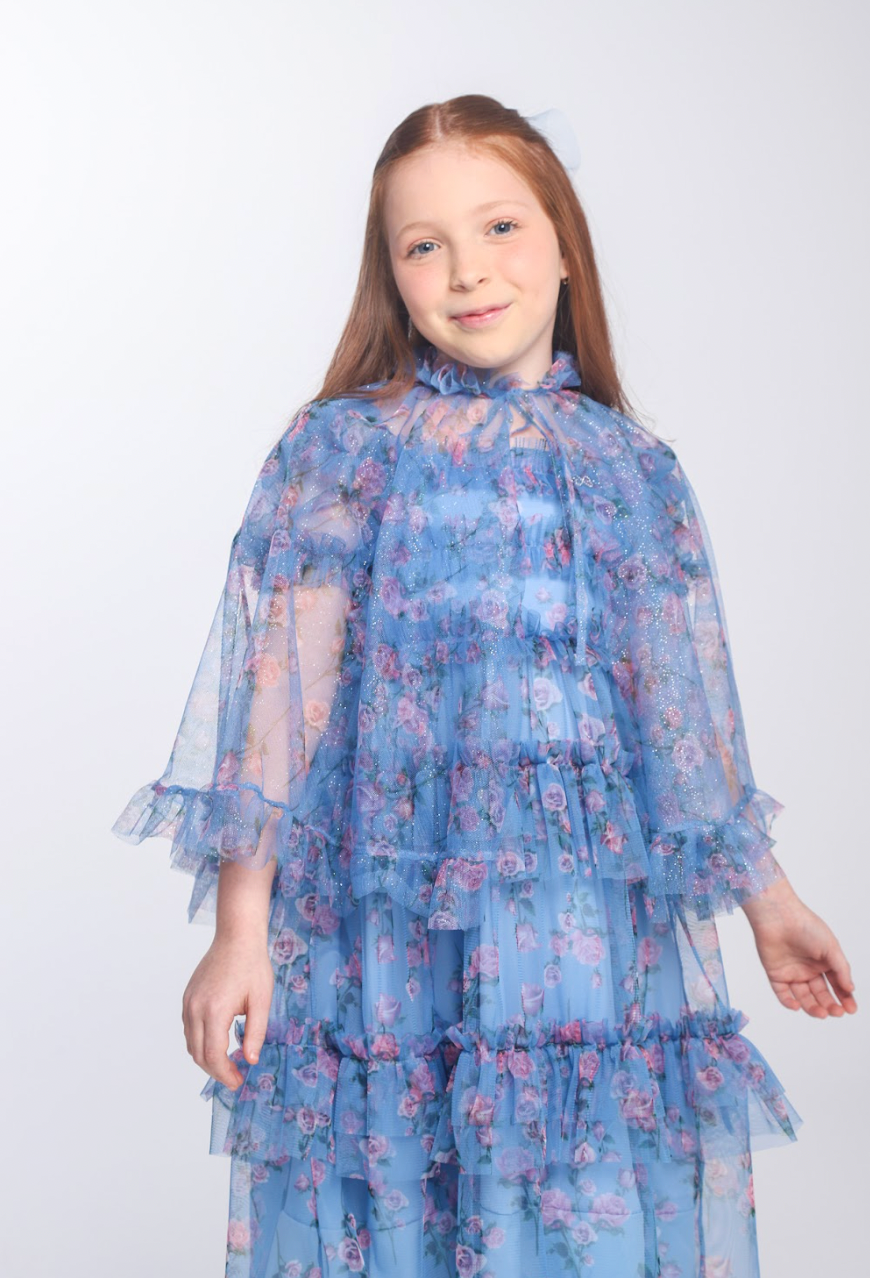 Vestido Infantil Midi Tule Floral Azul Babados - Luluzinha