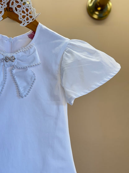 Vestido Infantil Algodão Laço Bordado Manual Babado Barrado Laise Branco - Luluzinha