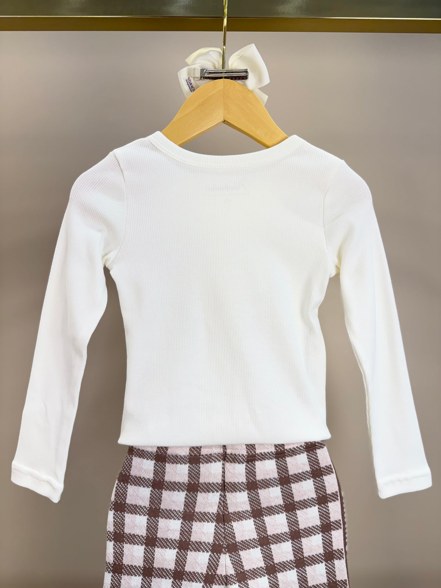 Conjunto Infantil Blusa Off White Cavalinho Cristal E Legging Tricot Xadrez Marrom - Pituchinhus