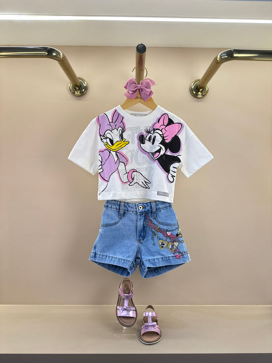 Conjunto Infantil Blusa Minnie & Margarida Pérola com Shorts Jeans Correntes Coloridas - Animê