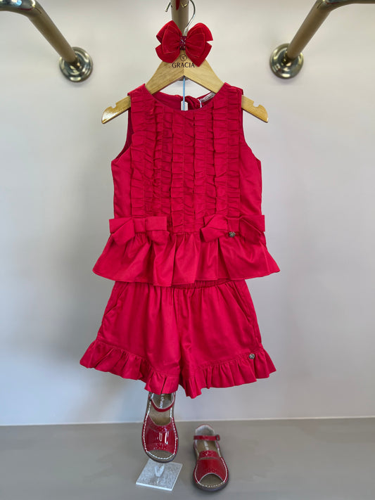 Conjunto Infantil Algodão Vermelho Blusa e Shorts Babados - Petit Cherie