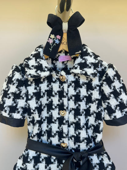 Vestido Infantil Clássico Tweed Detalhes Couro Tech com Faixa - Luluzinha