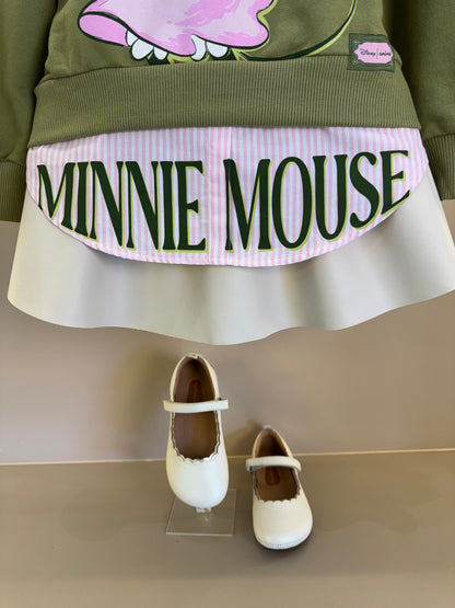 Conjunto Infantil Casaco Minnie Mouse Verde Forest e Saia Couro Tech Bege Vanilla - Animê