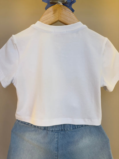Conjunto Infantil Blusa Algodão Conchas e Shorts-saia Jeans Bordados e Crochê Estrelas do Mar - Luluzinha
