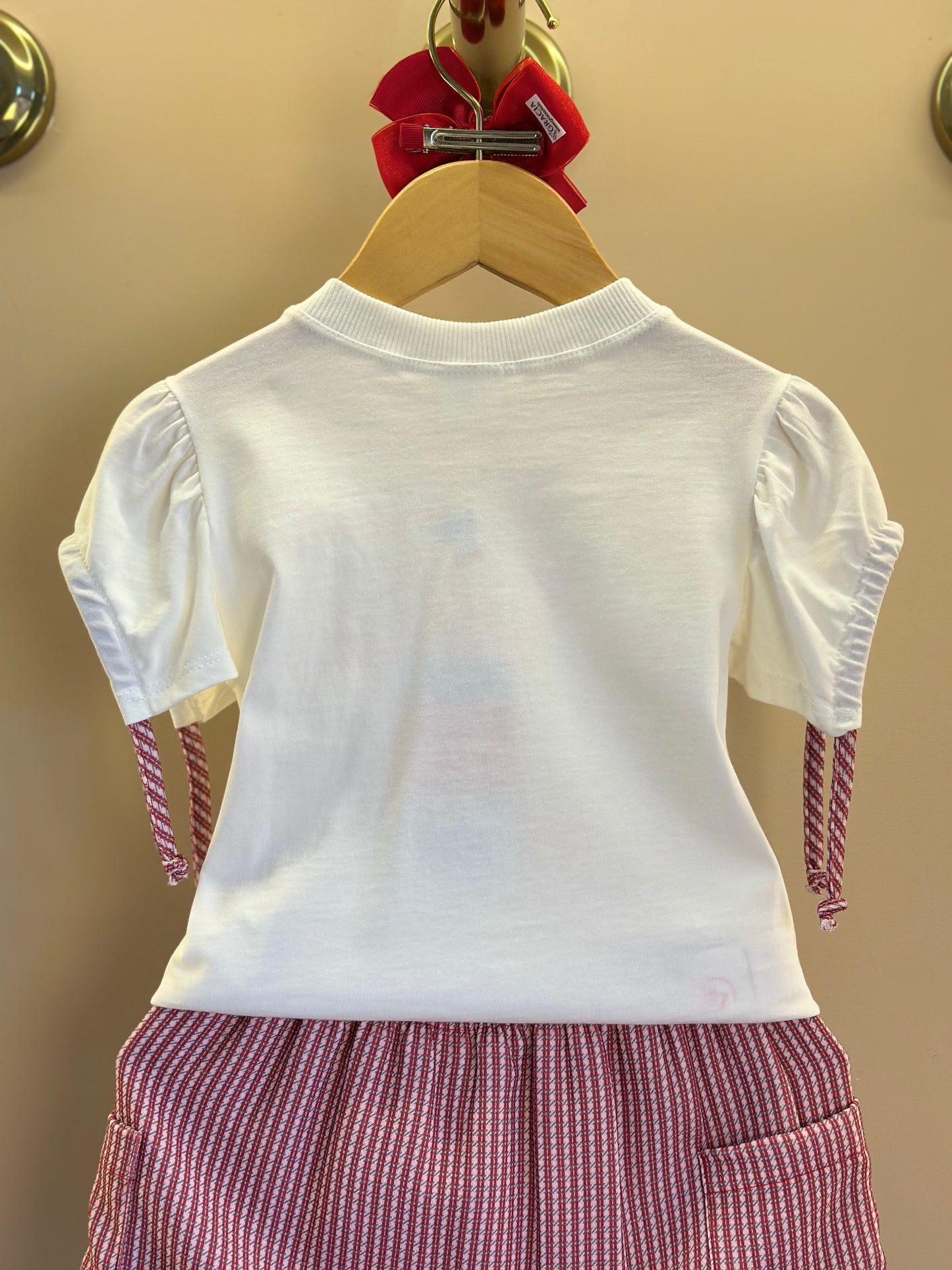 Conjunto Infantil Blusa Algodão Lacinhos Mangas e Saia Sarja Xadrez Vermelho - Beabá