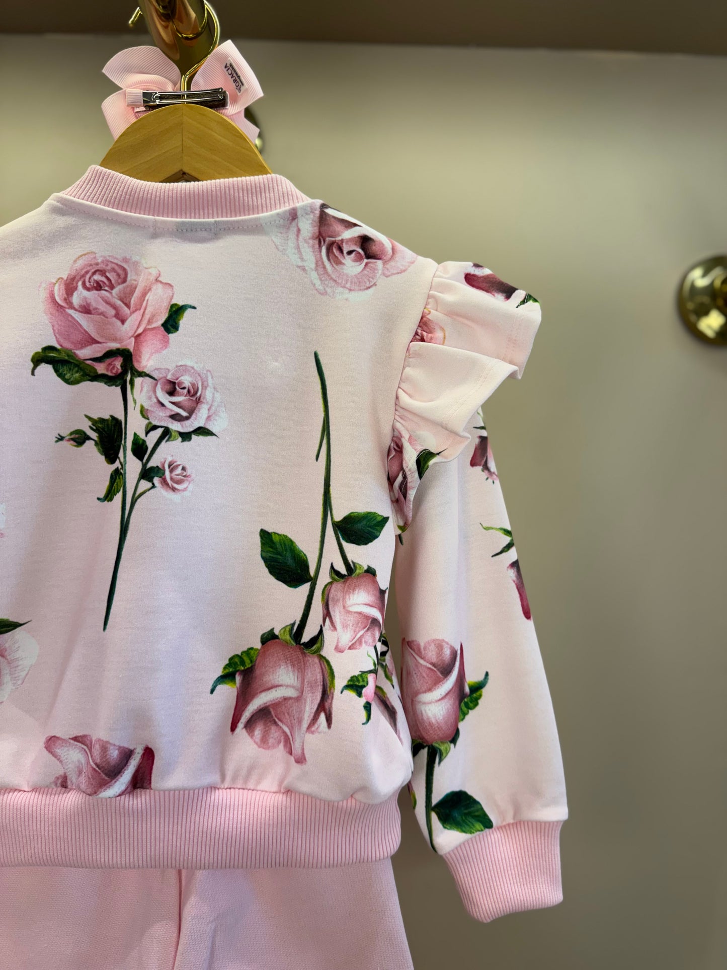 Conjunto Infantil Casaco Moletom Floral Babados e Calça Wide Leg Lateral Glitter Rosa - Luluzinha