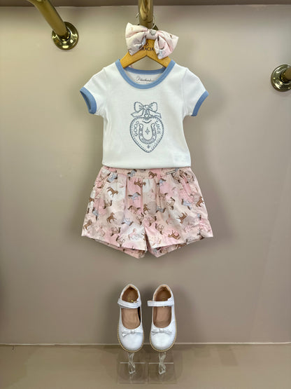 Conjunto Infantil Blusa Rib Good Luck Bordada e Shorts Rosa Estampa Cavalinhos - Pituchinhus