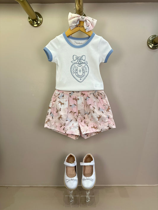 Conjunto Infantil Blusa Rib Good Luck Bordada e Shorts Rosa Estampa Cavalinhos - Pituchinhus