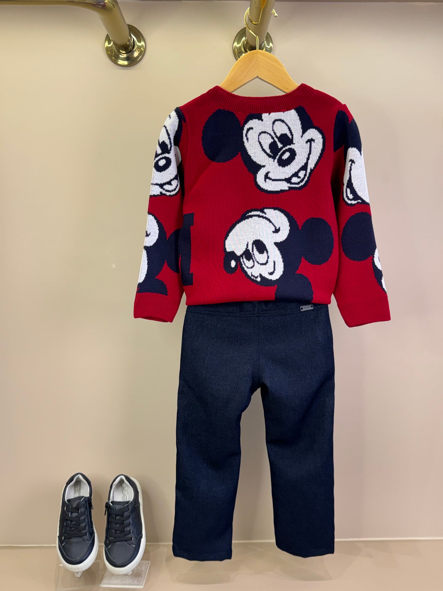 Conjunto Infantil Casaco Tricô Mickey Vermelho e Calça Jeans Leve Casual Marinho - Youccie