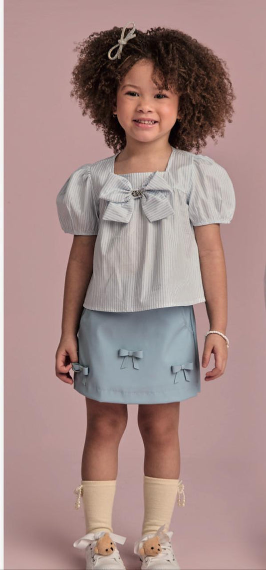 Conjunto Infantil Saia Like Leather Com Lacinhos E Blusa Listrada Azul - Gabriela Aquarela
