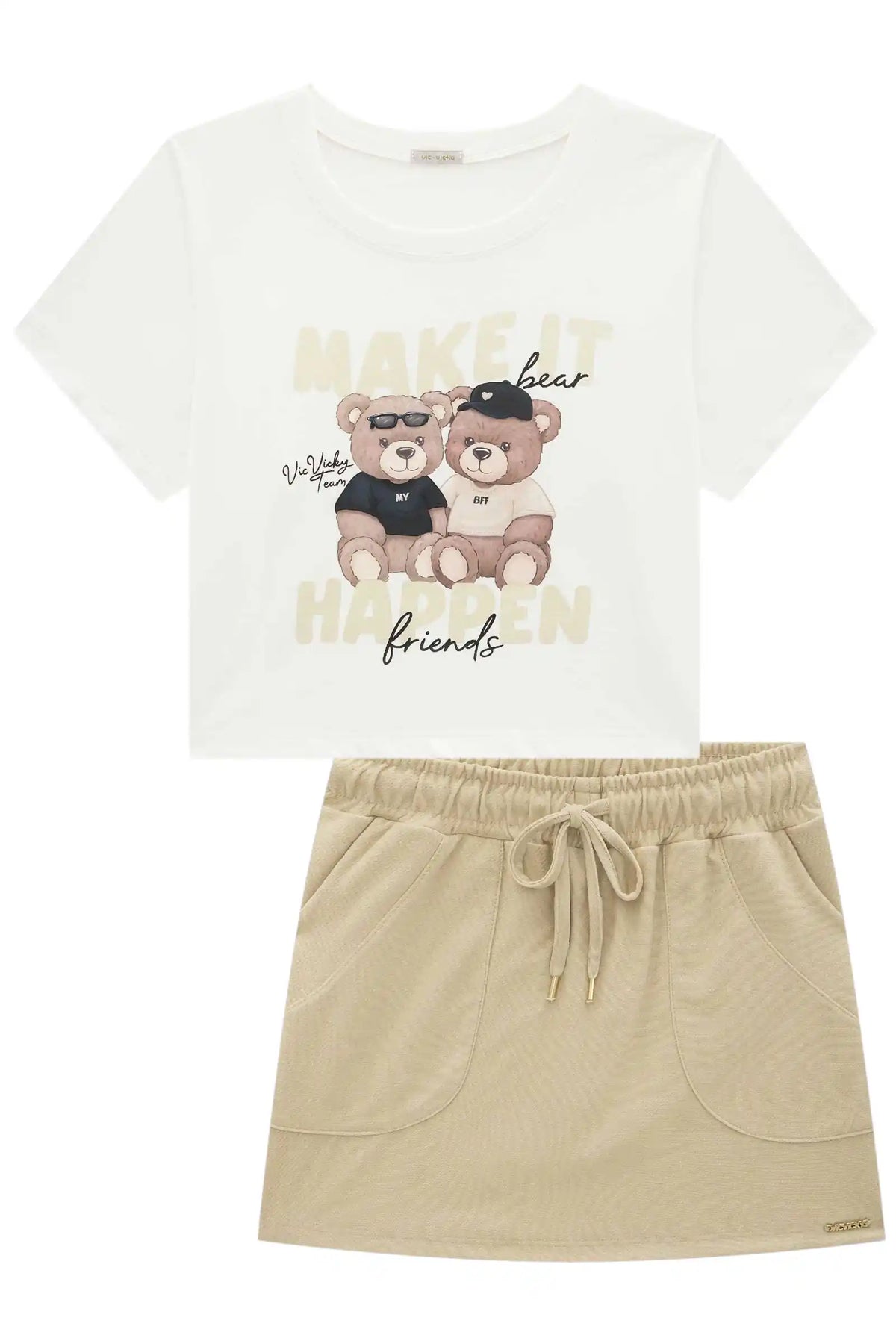 Conjunto Infantil Blusa Urso Saia Off White Elastano - Vic Vick