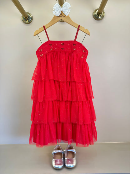 Vestido Infantil Babados Em Camadas Com Paetês Vermelho - Petit Cherie