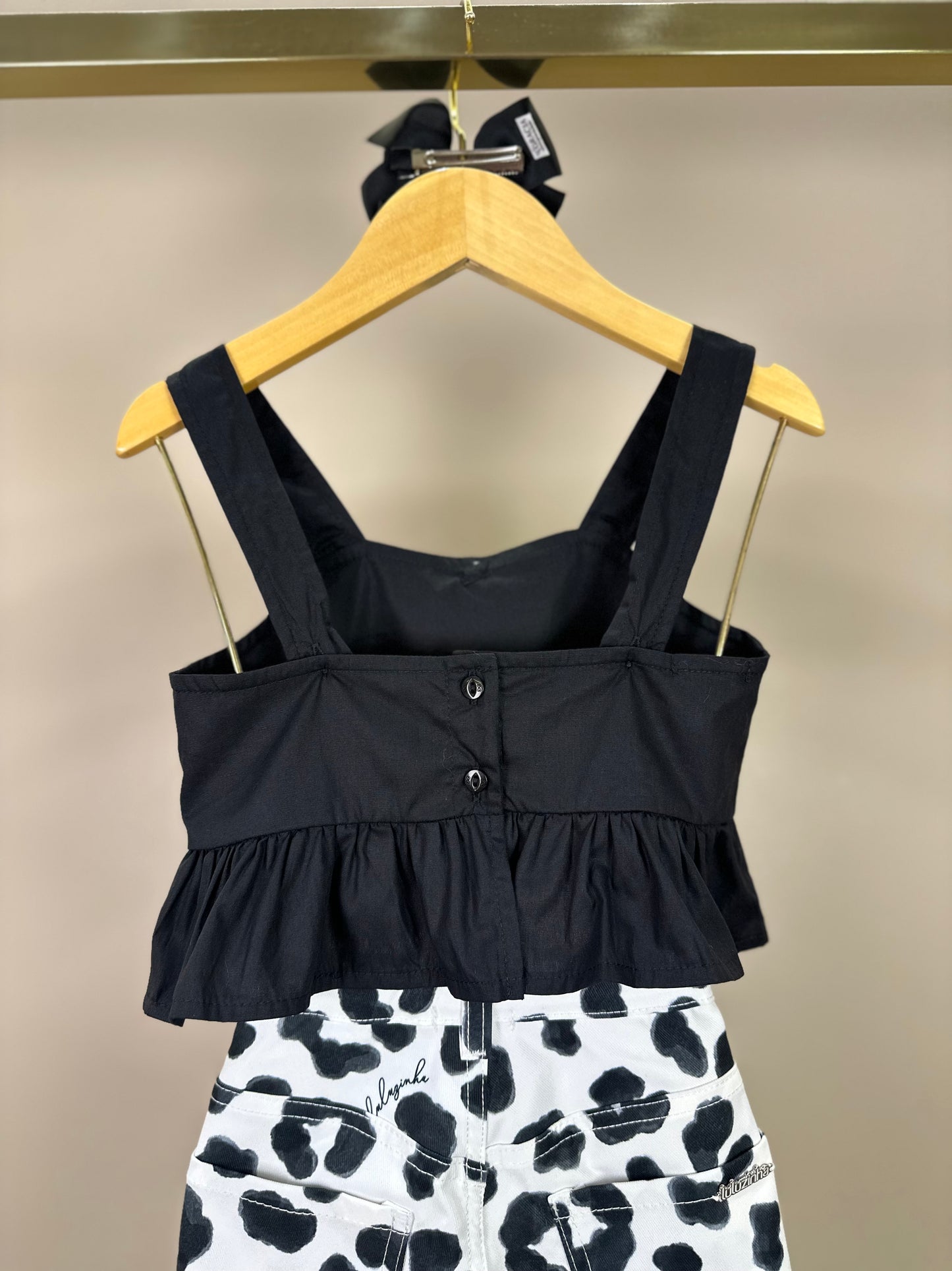 Conjunto Infantil Blusa Peplum Lacinho e Calça Sarja Animal Print P&B - Luluzinha
