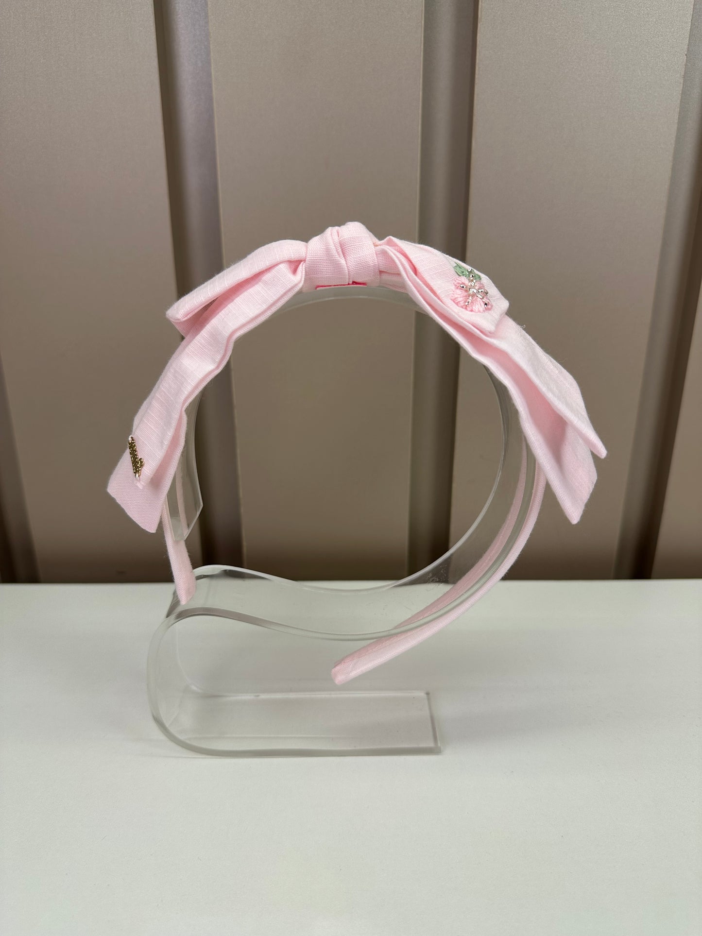 Tiara Infantil Mariana Rosa Tecido Algodão Laço Duplo Flores Bordadas - Roana