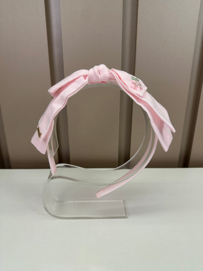 Tiara Infantil Mariana Rosa Tecido Algodão Laço Duplo Flores Bordadas - Roana