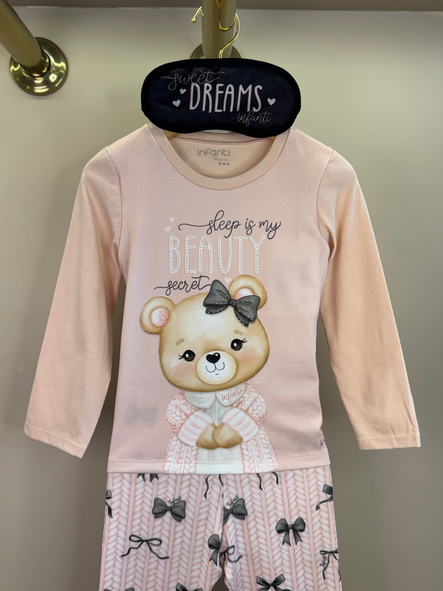 Pijama Infantil Blusa ML Ursinha Beauty e Calça Lacinhos Rosa Seda com Máscara - Infanti