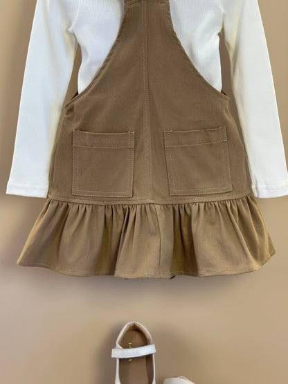 Jardineira Infantil  Sarja Ursinha Pelúcia Bege Escuro com Blusa ML Bordados Pérolas e Cristais  - Pituchinhus