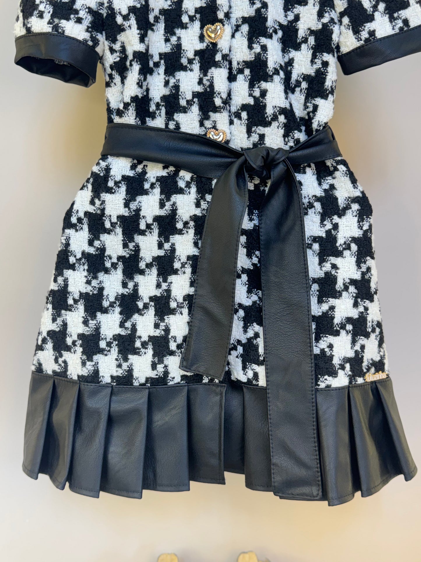 Vestido Infantil Clássico Tweed Detalhes Couro Tech com Faixa - Luluzinha