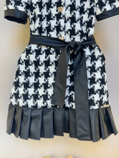 Vestido Infantil Clássico Tweed Detalhes Couro Tech com Faixa - Luluzinha