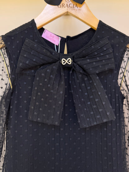 Vestido Infantil Trapézio Tule Plissado Aplicação Laço Preto - Luluzinha