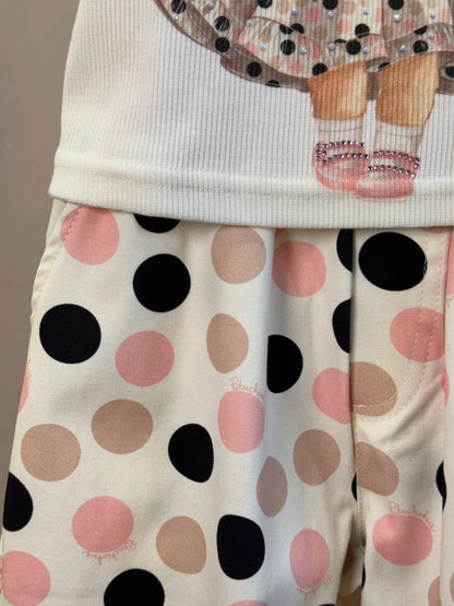 Conjunto Infantil Regata Ursinha Vestido de Poá e Calça Infantil Baggy Sarja Estampa Poá Bolsos Com Laços - Pituchinhus