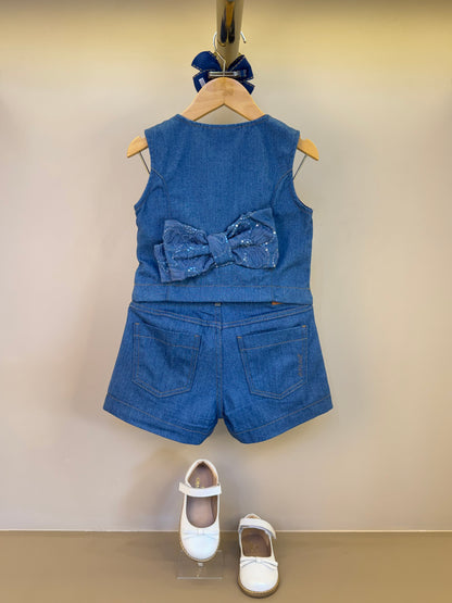 Conjunto Infantil Colete e Shorts Jeans Bordada Tule Flores - Animê