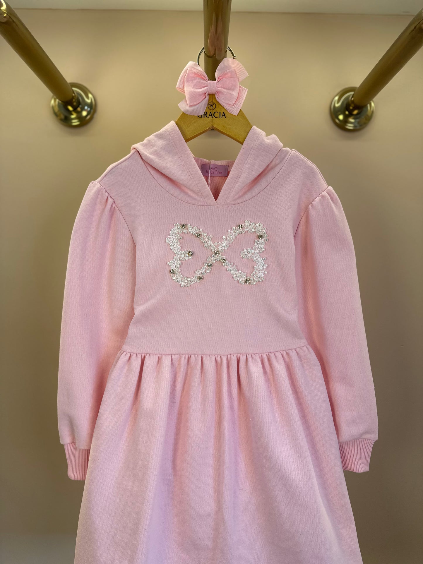Vestido Infantil ML Moletom Rodado Capuz e Bordado Rosa - Luluzinha