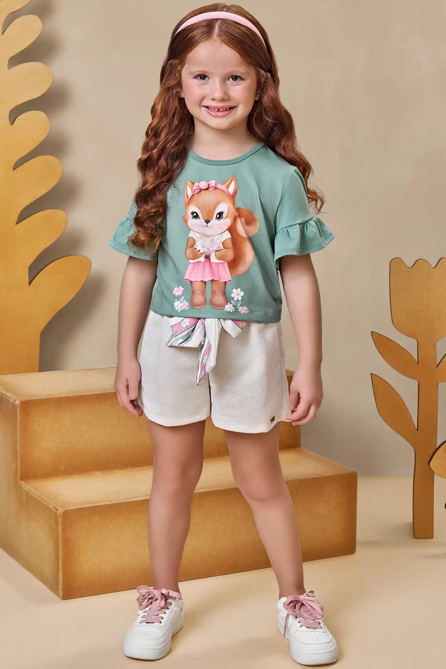 Conjunto Infantil Blusa Boxy Esquila de Lacinho e Shorts Verde Ultramarine - Infanti