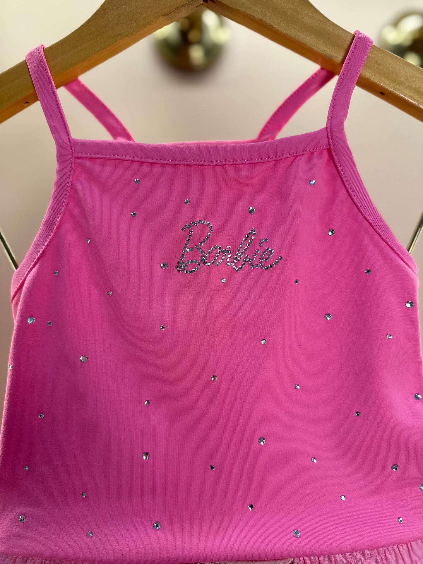 Conjunto Infantil Blusa Light Cristais Barbie e Saia Babados Patche Barbie Rosa Ópera - Pituchinhus