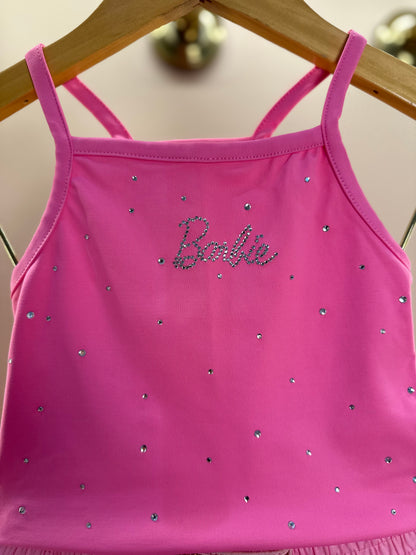 Conjunto Infantil Blusa Light Cristais Barbie e Saia Babados Patche Barbie Rosa Ópera - Pituchinhus