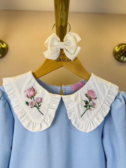 Vestido Infantil ML Babadinho Flores Bordados Azul - Luluzinha