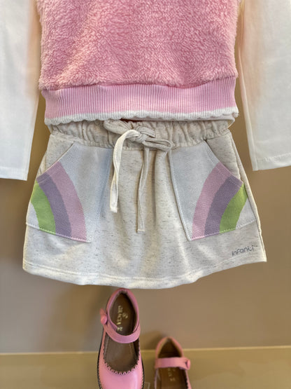 Conjunto Trio Blusa ML Off White, Colete Rosa e Saia Bege - Infanti