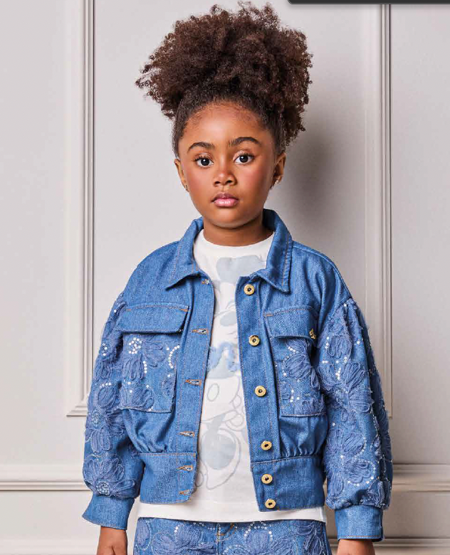 Jaqueta Infantil Jeans Bordada Tule Flores - Animê