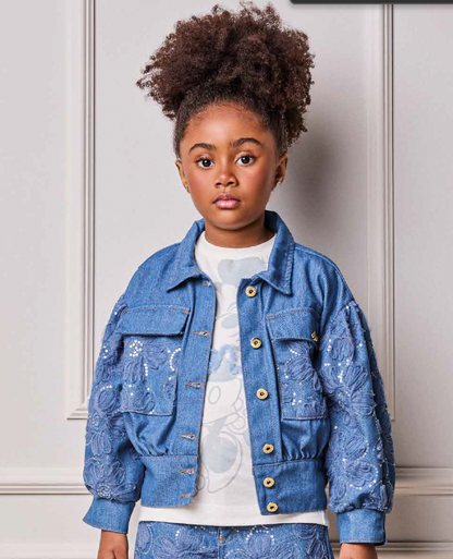 Jaqueta Infantil Jeans Bordada Tule Flores - Animê