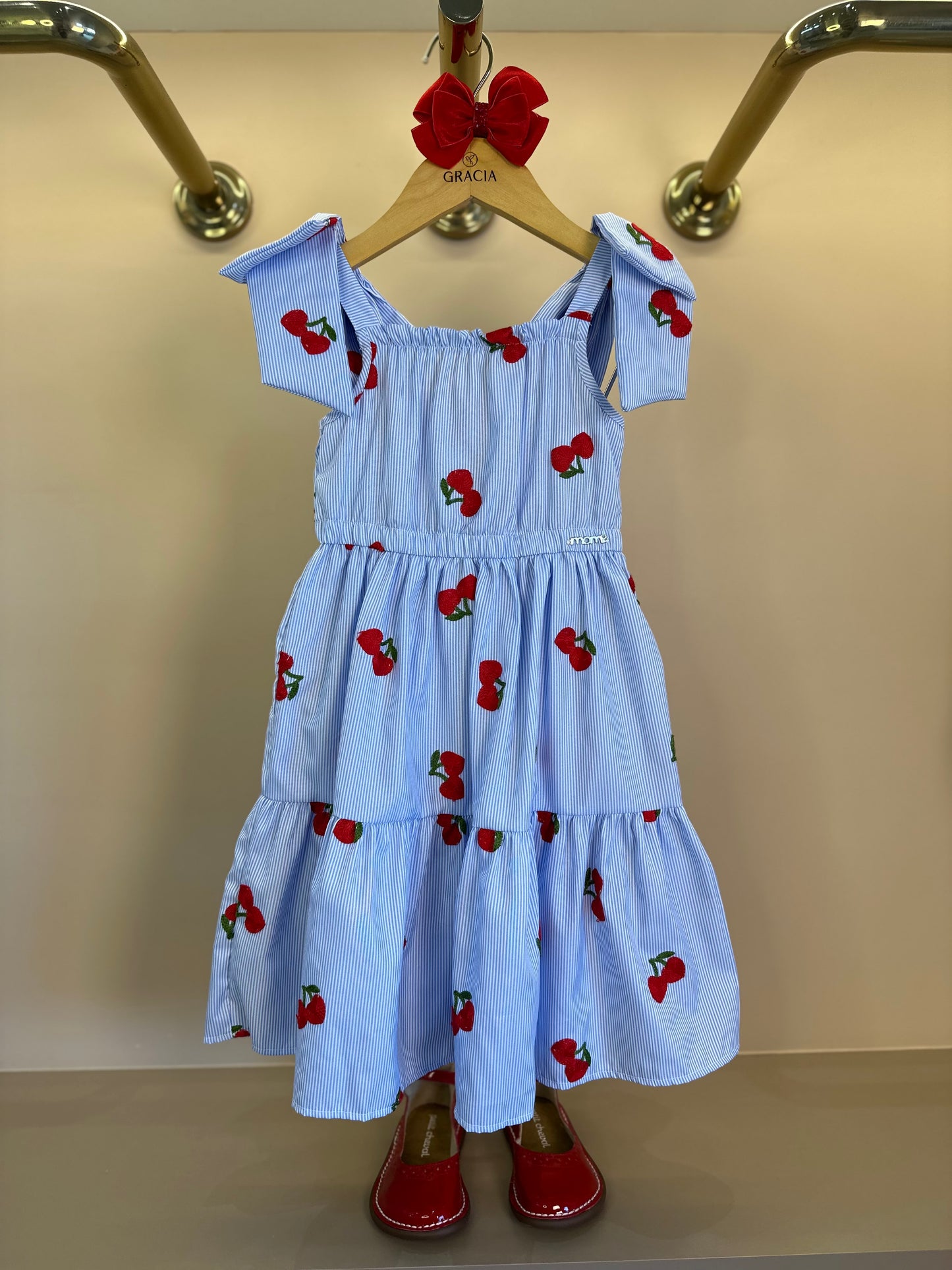 Vestido Infantil Listrado Azul Cerejinhas - Momi