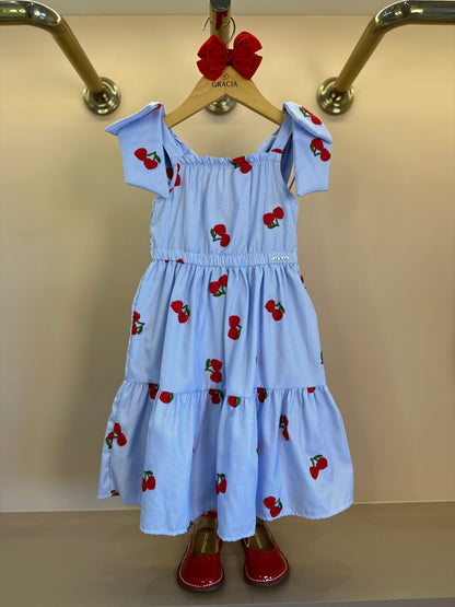 Vestido Infantil Listrado Azul Cerejinhas - Momi